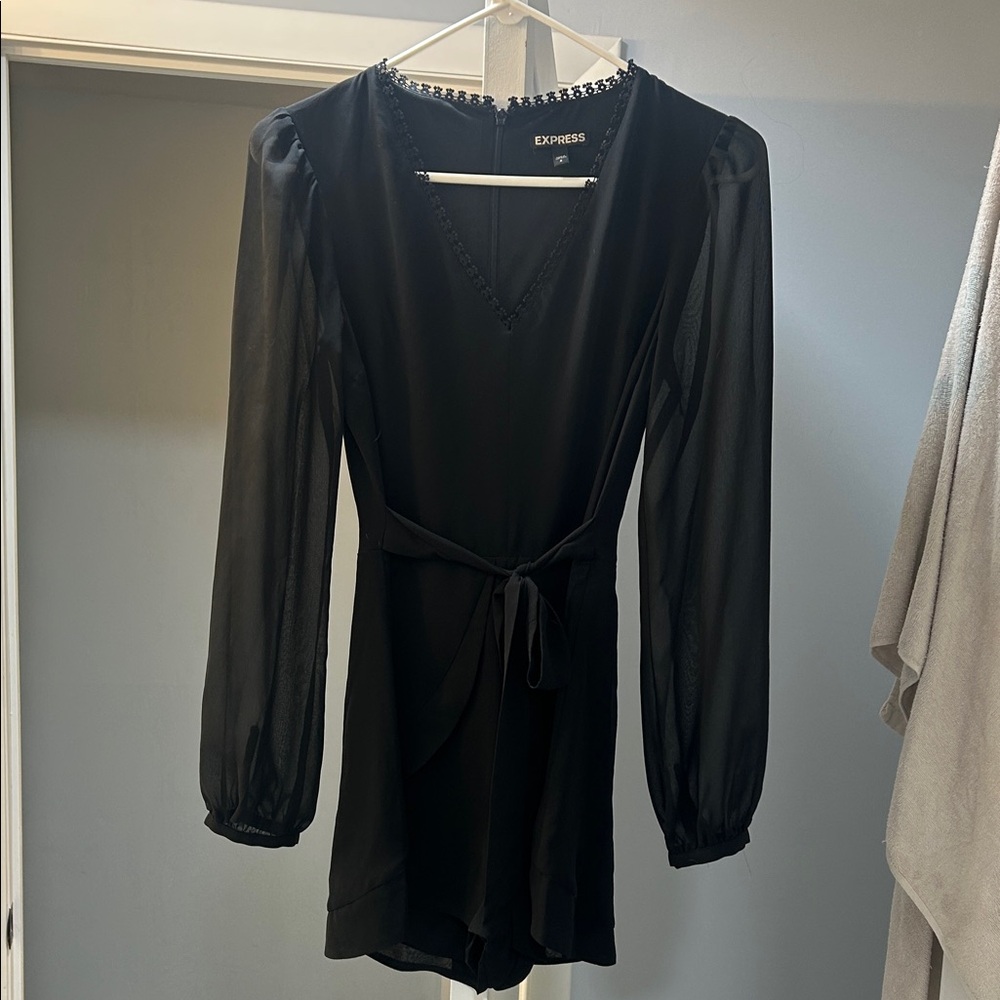 Express Black Sheer-Sleeve Wrap Romper with Tie Waist